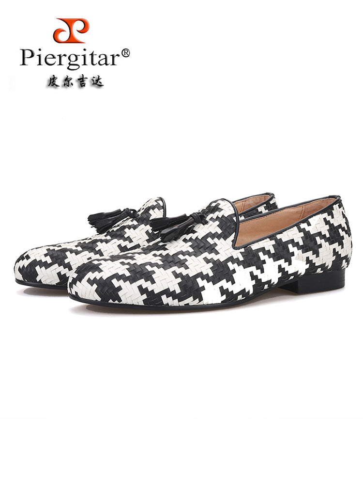 Black and white woven genuine leather men's slip-on formal loafers European and American banquet slip-on tassel shoes trendy men's beanie shoes
