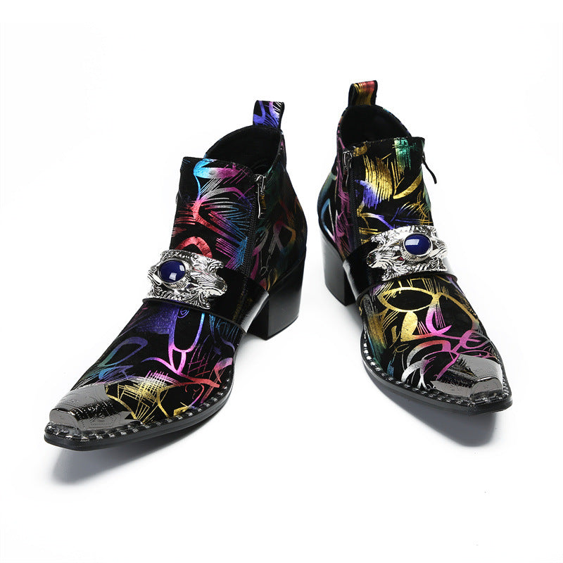 Senlu cowhide Chelsea boots British short boots brogue pointed toe handmade leather boots leather boots trendy foreign trade printing