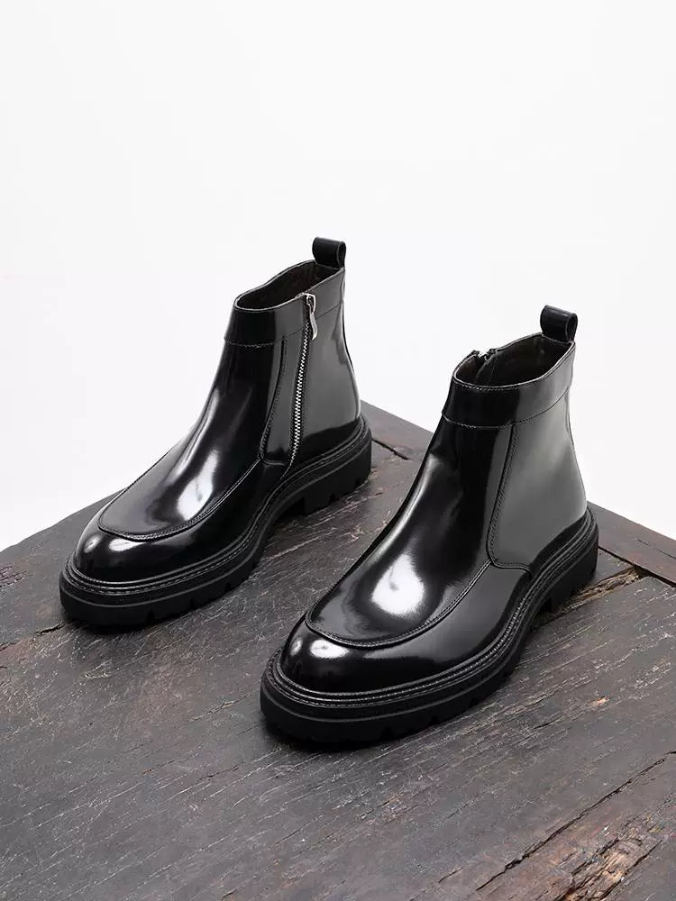 Men's Genuine Leather Martin Boots, Thick Sole, Glossy