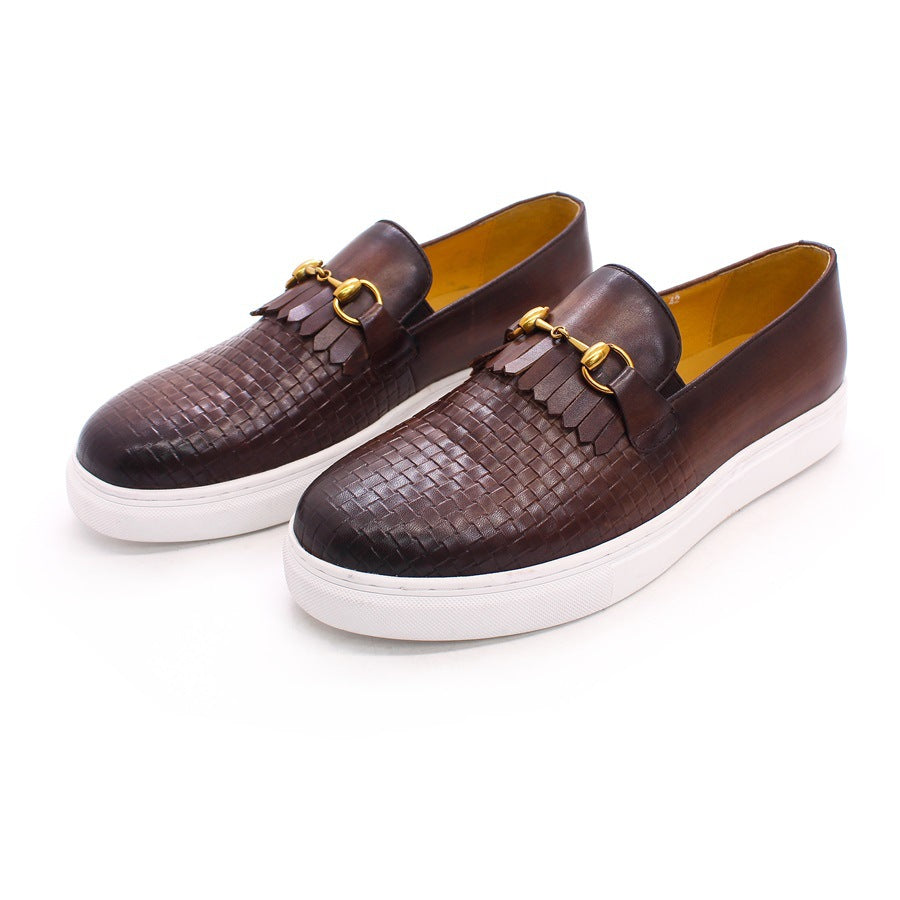 Leather Shoes Men's Leather Casual round Toe Pumps Flat Heel Woven Pattern Handmade Men's Shoes Fashion European and American Style Loafers Men