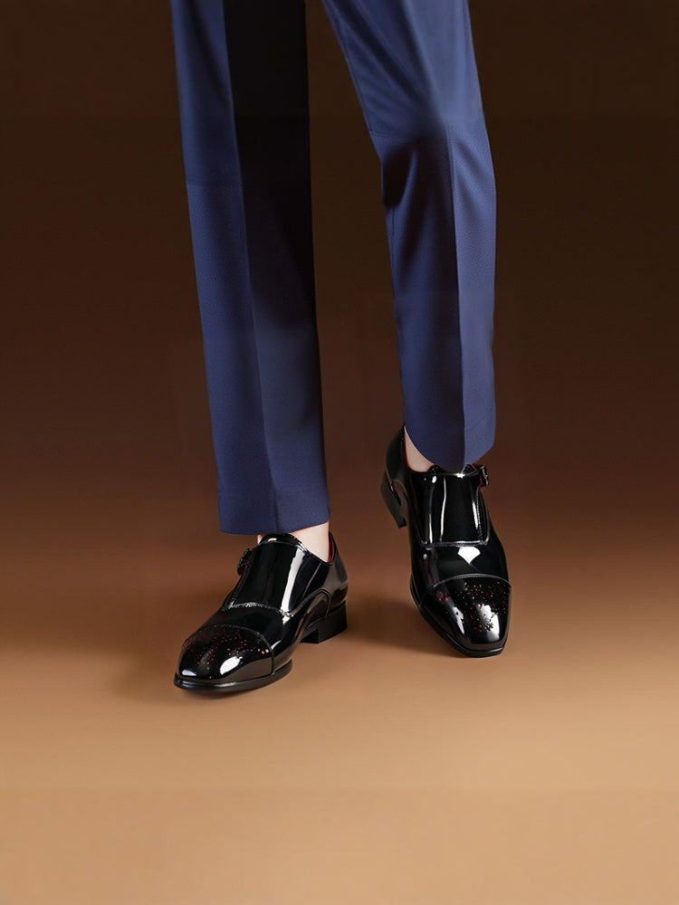 Autumn New Black Patent Leather Men's Oxford Shoes Hand-Punched Metal Buckle Red Sole Monk Shoes for Men