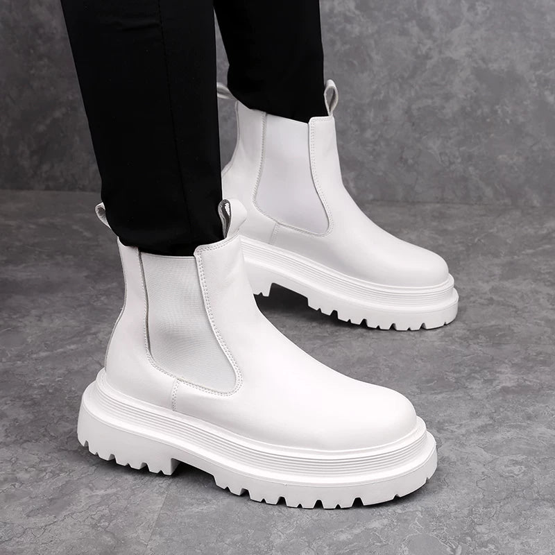 Men's White Chelsea Boots, Height Increasing, Thick Sole