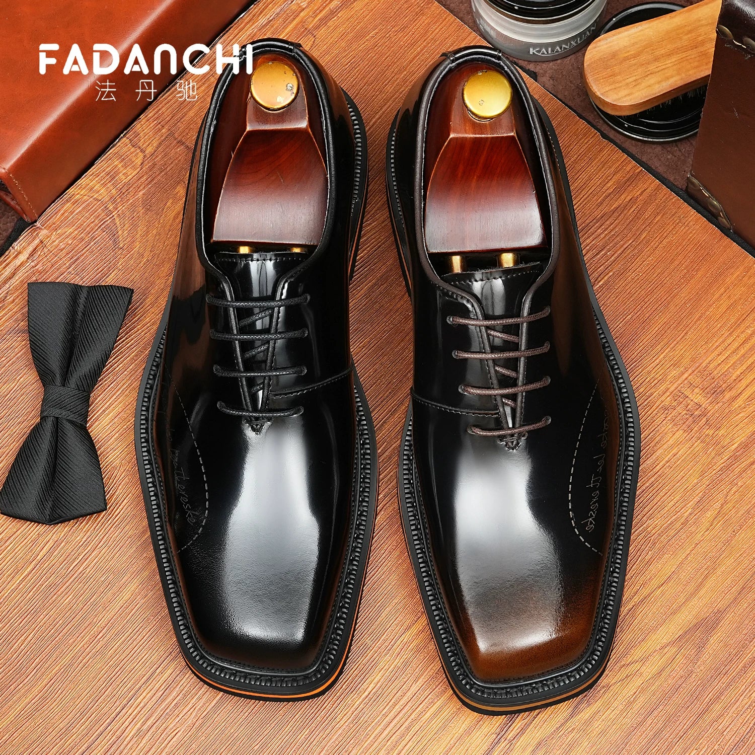 Men's Genuine Leather Oxford Shoes, Square Toe, Glossy