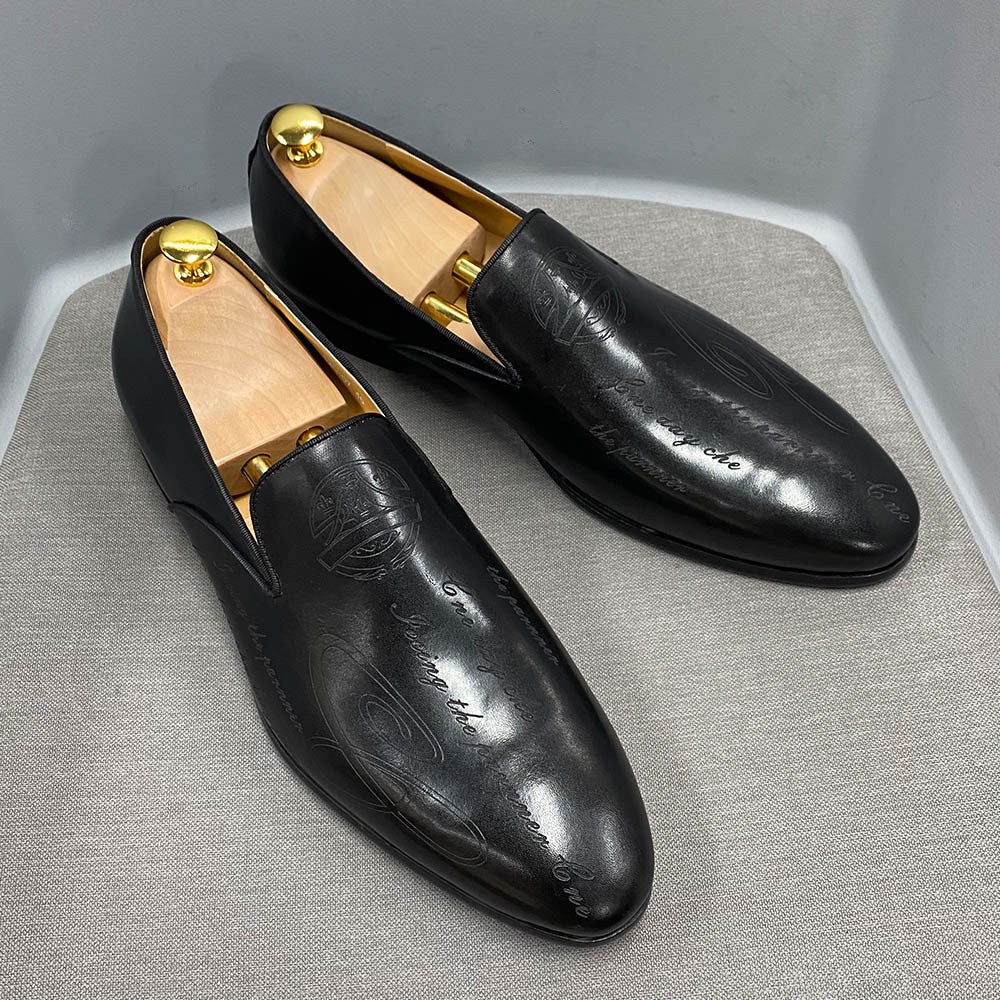 Italian Style Hand-Painted Letters Men's Shoes Genuine Leather Dress Shoes Men's Loafer Slip-on Business Casual Pumps