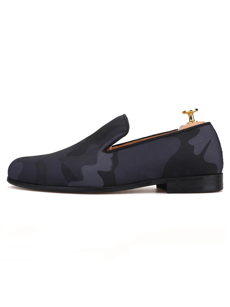Summer new style breathable pigskin imported black camouflage cloth men's loafers British style smoking trendy shoes