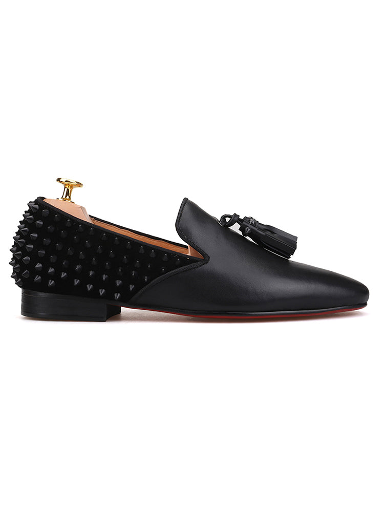 Summer men's slip-on set of handmade banquet loafers with toe layer cowhide leather tassels and toe layer frosted leather rivets