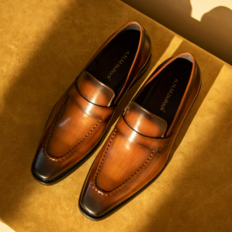 Men's Brown Genuine Leather Loafers, Breathable, Square Toe