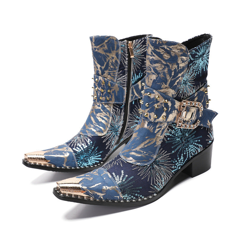 Heightening Western Cowboy Boots Pointed Embroidered Knight Boots Men 2023 New Mid-Tube Martin Boots Chelsea Boots Trend