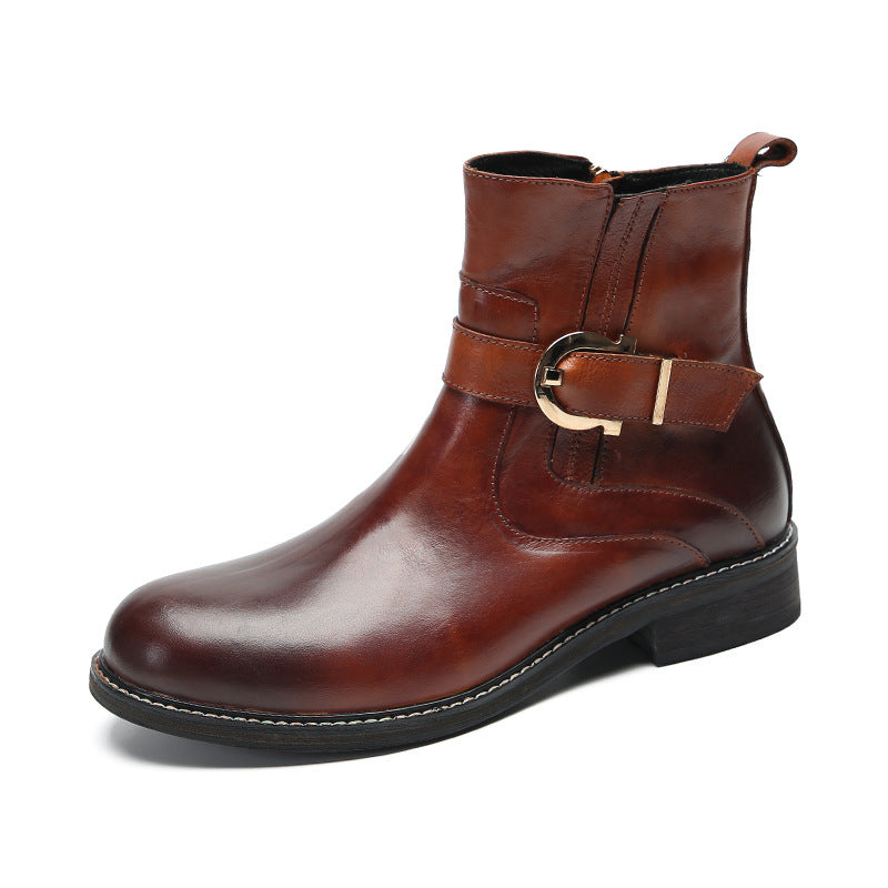 Brown Korean style British fashion men's casual high-top leather shoes business retro pointed leather boots Martin boots sleeve short boots