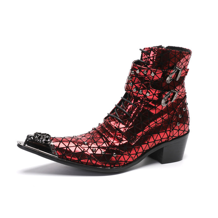 2025 New Pointed Toe Chelsea Boots Autumn and Winter Mid-High Top Business Men's Boots British Short Boots Large Size Red Leather Shoes