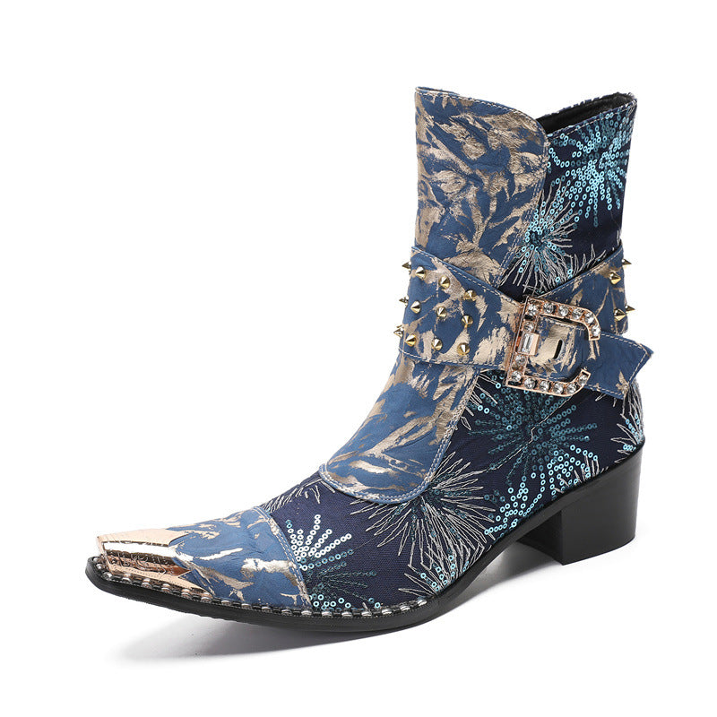 Heightening Western Cowboy Boots Pointed Embroidered Knight Boots Men 2023 New Mid-Tube Martin Boots Chelsea Boots Trend