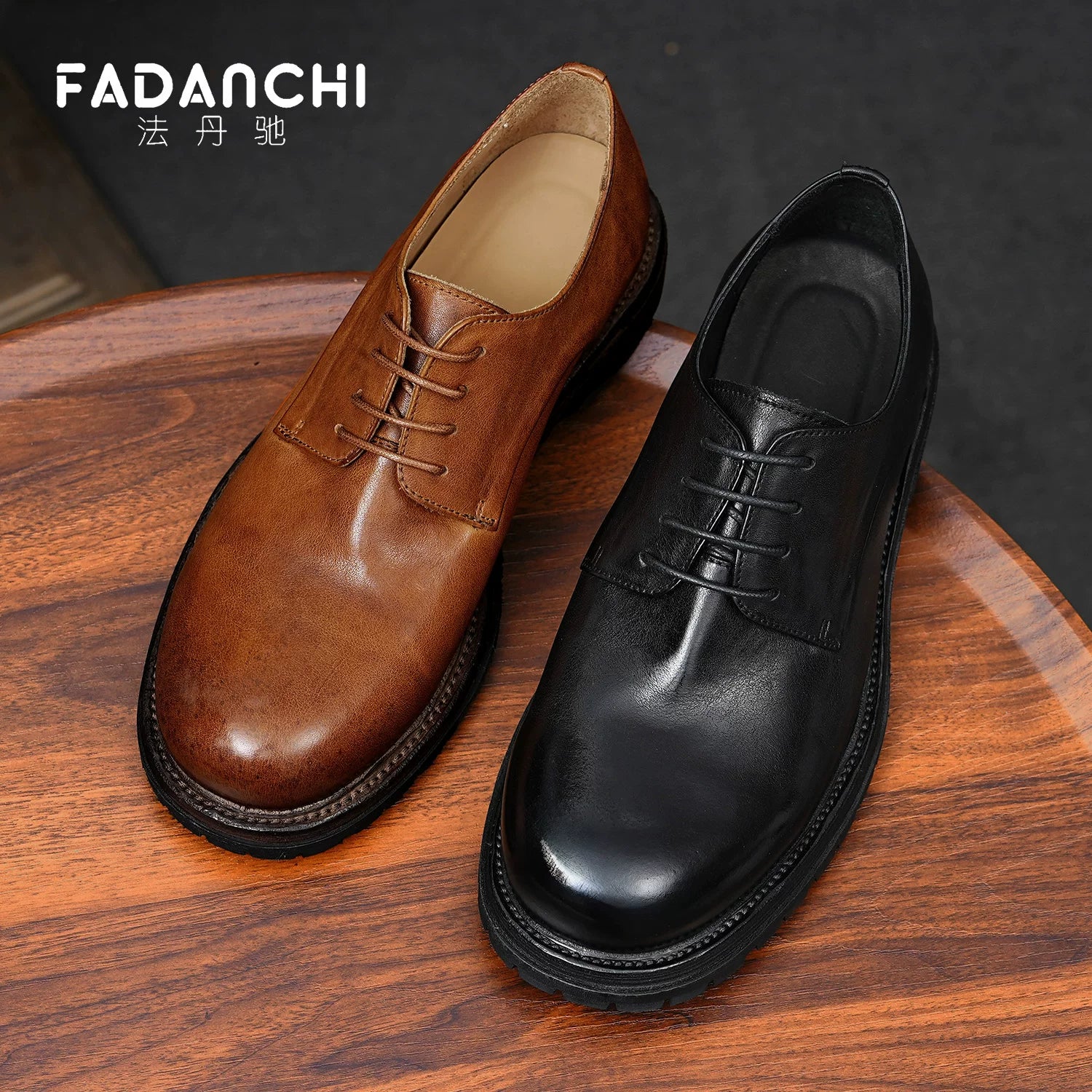 Men's Genuine Leather Derby Shoes, Handmade, Round Toe