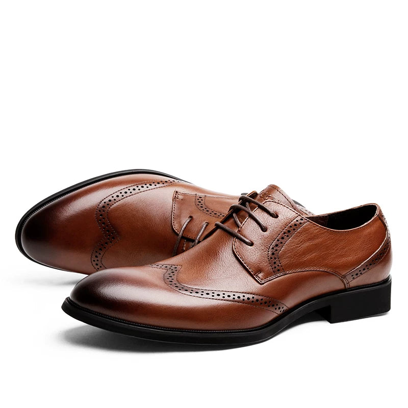 Men's Brown Leather Shoes, Height Increasing, Pointed Toe