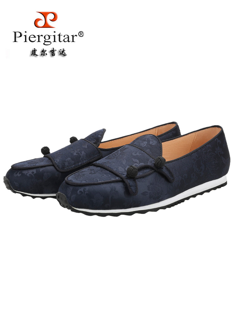 Chinese style black printed silk men's dad shoes handmade ball buckle black and white thick sole casual sports shoes for men