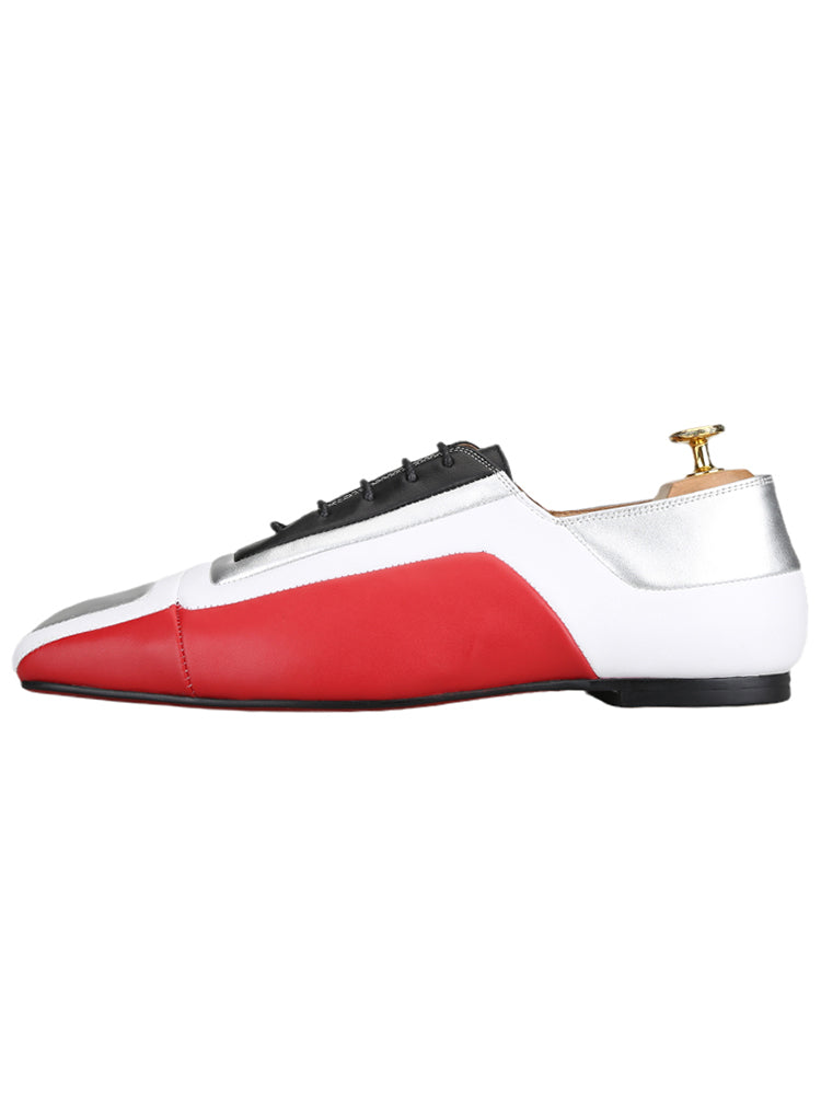 Luxury trendy brand's same three-color cowhide stitching craft lace-up men's casual leather shoes large square toe red-soled flat shoes