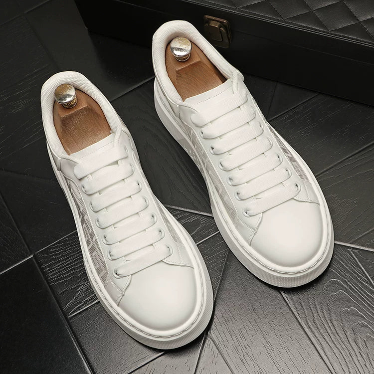Men's Platform Height-Increasing Breathable Cut-Out Low-Top White Sneakers Casual