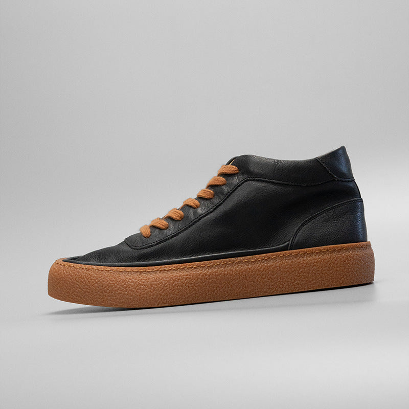 European station 2024 new retro solid color trendy shoes black cowhide sneakers versatile genuine leather mid-top men's casual shoes 1