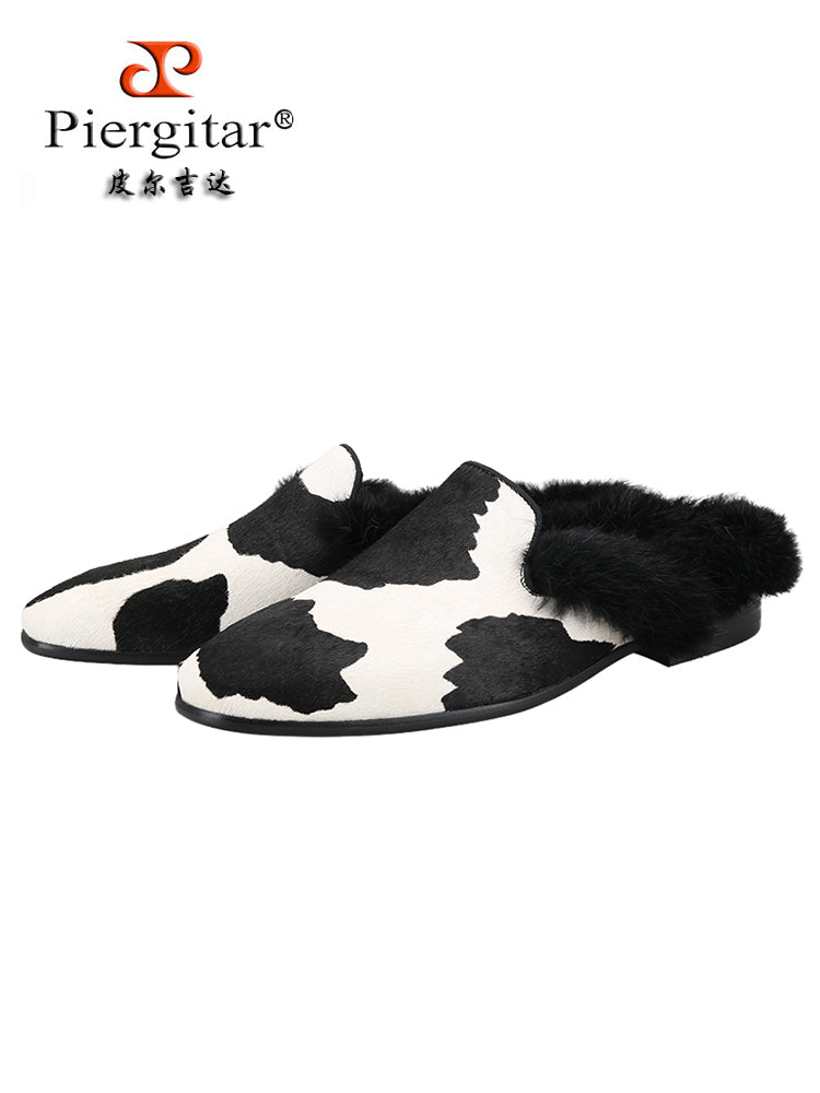 Spring and autumn new imported cow pattern horse hair men's real hair slippers European and American style fashion trend slip-on mule shoes