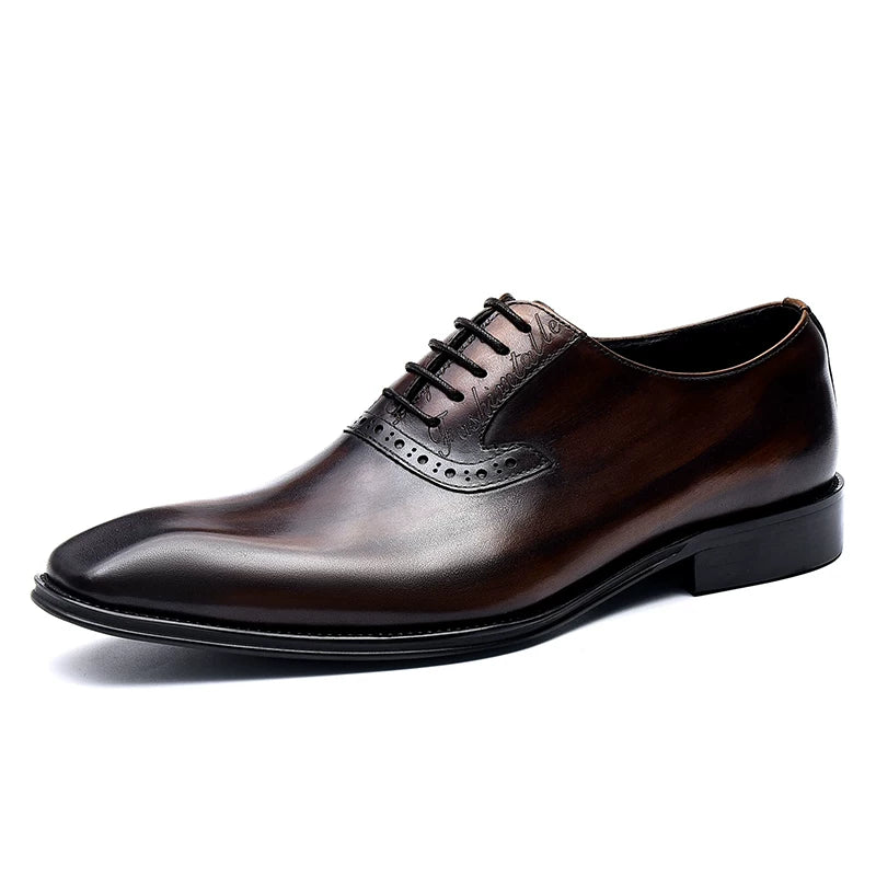 Men's Brown Genuine Leather Oxford Shoes, Pointed Toe, British Style