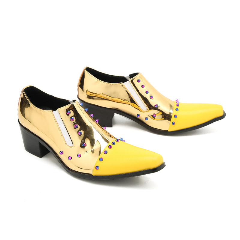 Glossy men's gold breathable casual leather shoes British patent leather trend performance pointed inner height wedding banquet shoes