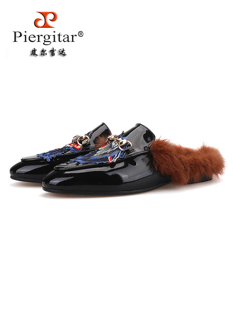 Black cowhide gold horsebit big brand wolf head patch men's Muller slippers European and American style pure rabbit fur lazy shoes