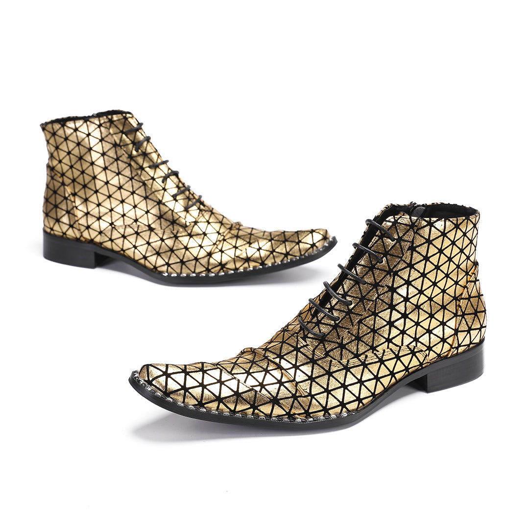Men's Gold Leather Boots – British Style, Height Increasing