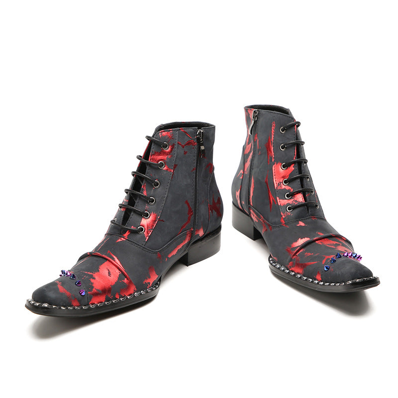 Men's leather thick-soled casual Martin boots lace-up British inner heightening business pointed-toe short boots plus velvet high-top leather shoes