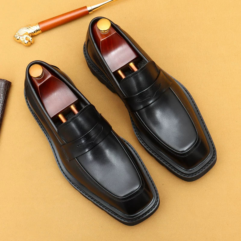 Men's Genuine Leather Loafers, Height Increasing, Thick Sole