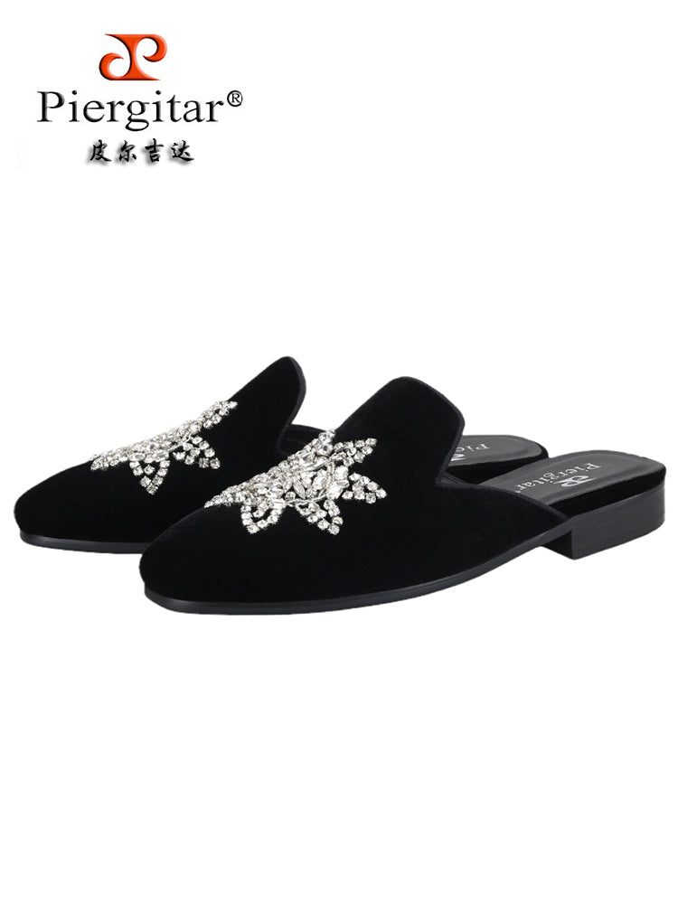 New imported velvet slippers for men, European and American fashion party banquets, rhinestone Mules, handmade trendy slippers