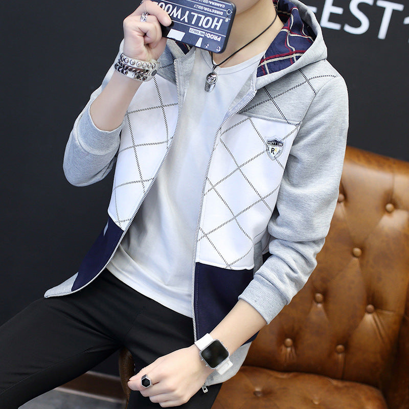 Cardigan sweater men's slim-fitting hooded zipper-packed teen casual top autumn new coat trend