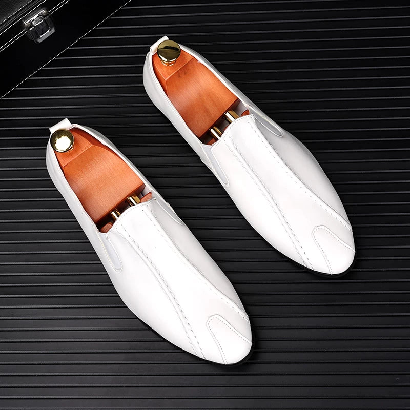 Men's White Leather Shoes, Breathable, Pointed Toe