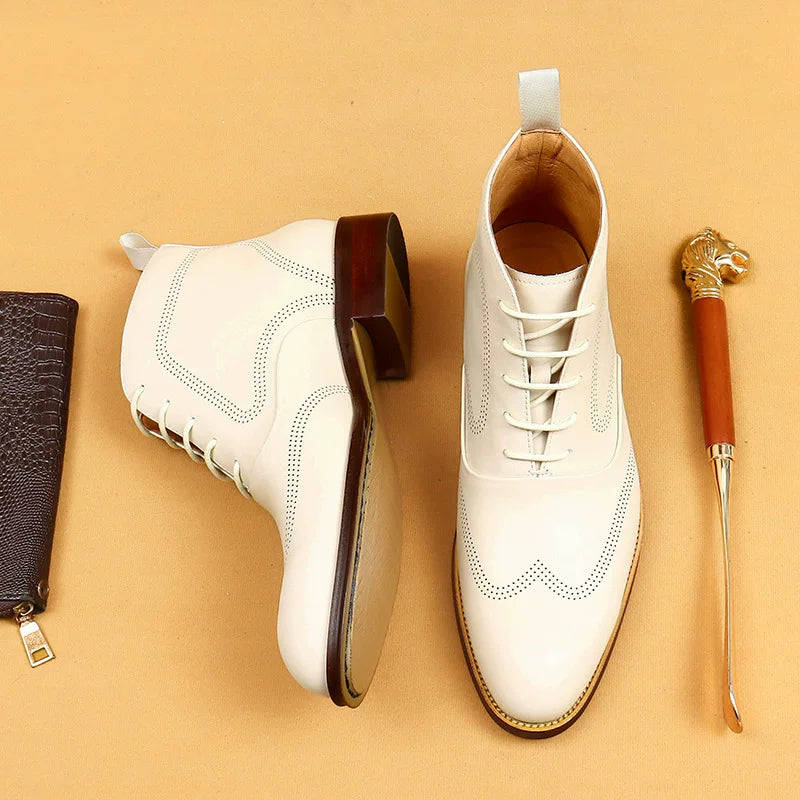 Men's White Genuine Leather Martin Boots, British Style, Business