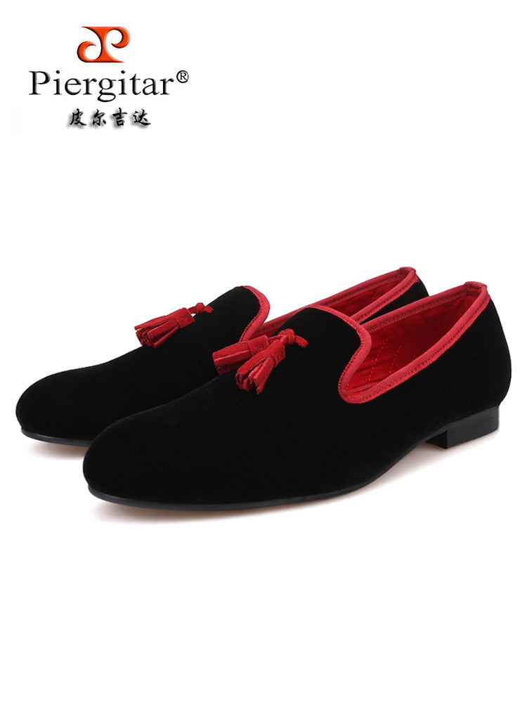 piergitar multi-color leather tassel velvet men's shoes British style large size trendy smoking shoes velvet loafers