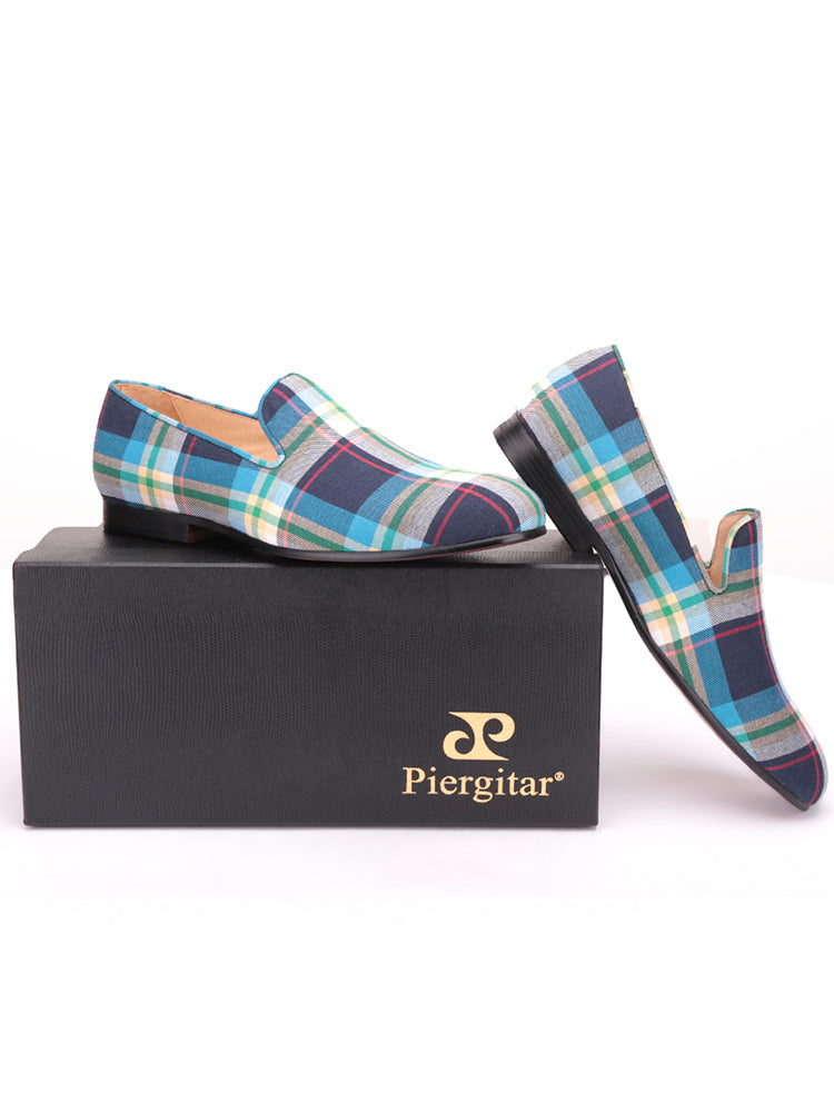 Men's leather-lined handmade loafers British small fresh plaid canvas shoes European and American smoking shoes