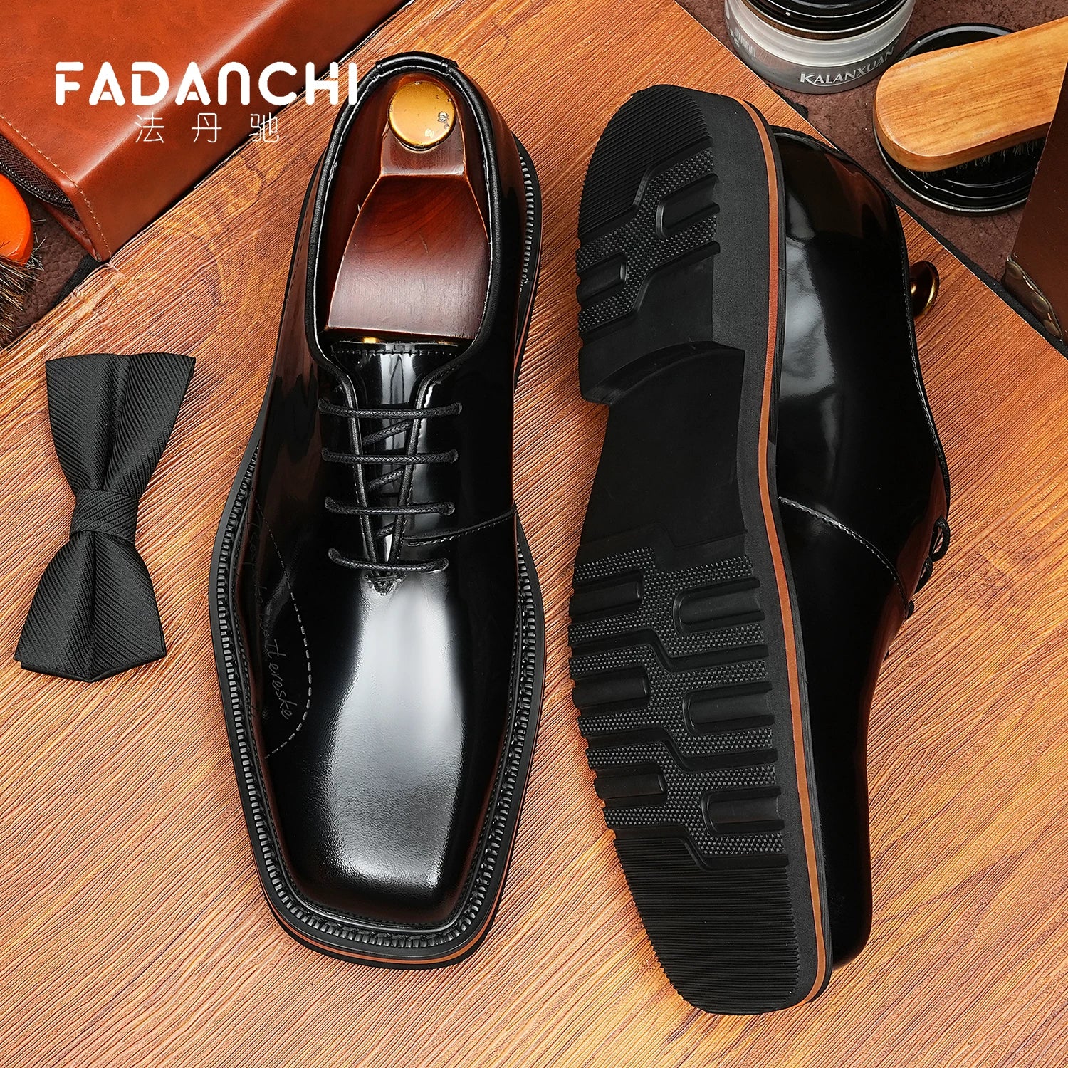 Men's Genuine Leather Oxford Shoes, Square Toe, Glossy