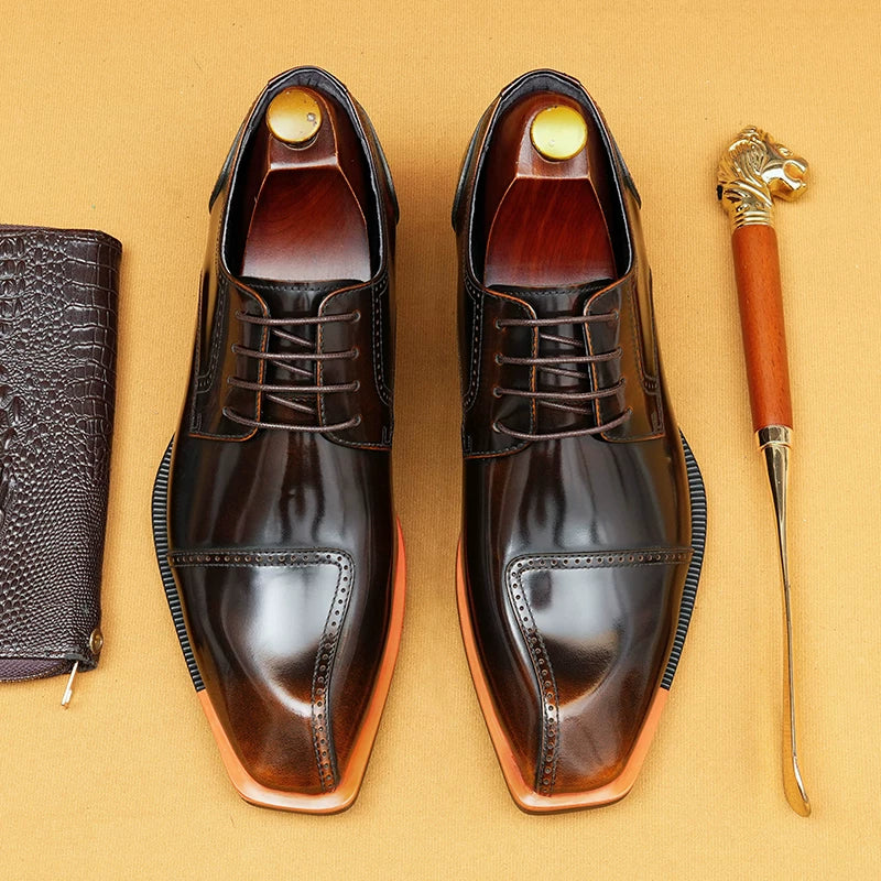 Men's Genuine Leather Derby Shoes, Patent Leather, Square Toe