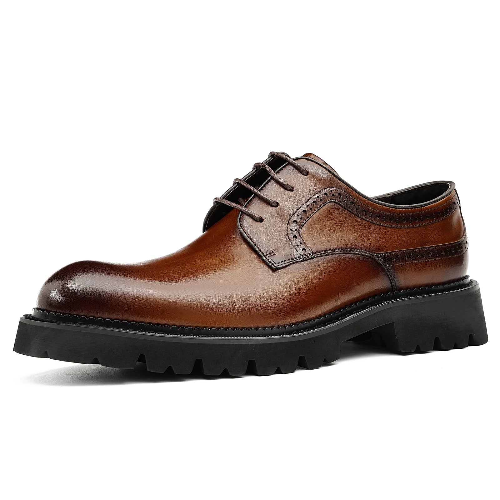 Men's Brown Genuine Leather Derby Shoes, Thick Sole, British Style