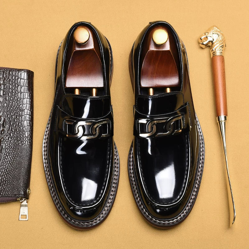 Men's Genuine Leather Loafers, Thick Sole, Patent Leather