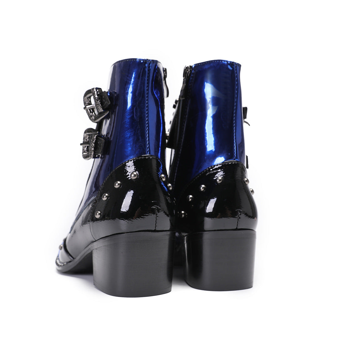British style special-shaped with square head patent leather short boots plus size 44 45 46 47 48 patent leather thick heel Martin boots blue