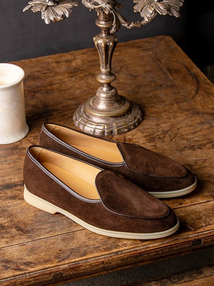Brown nubuck leather patchwork color matching cowhide edge British style classic loafers white thick sole casual shoes for men