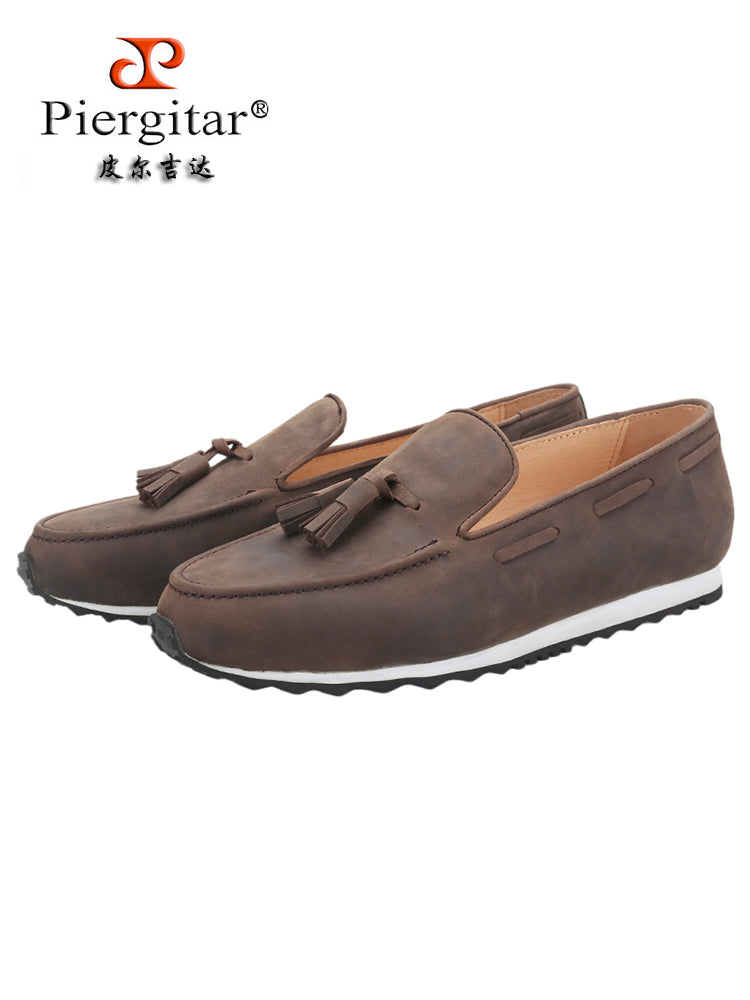 Imported from Italy, color-changing crazy horse leather men's one-leg dad shoes, European and American style tassel casual fashion shoes