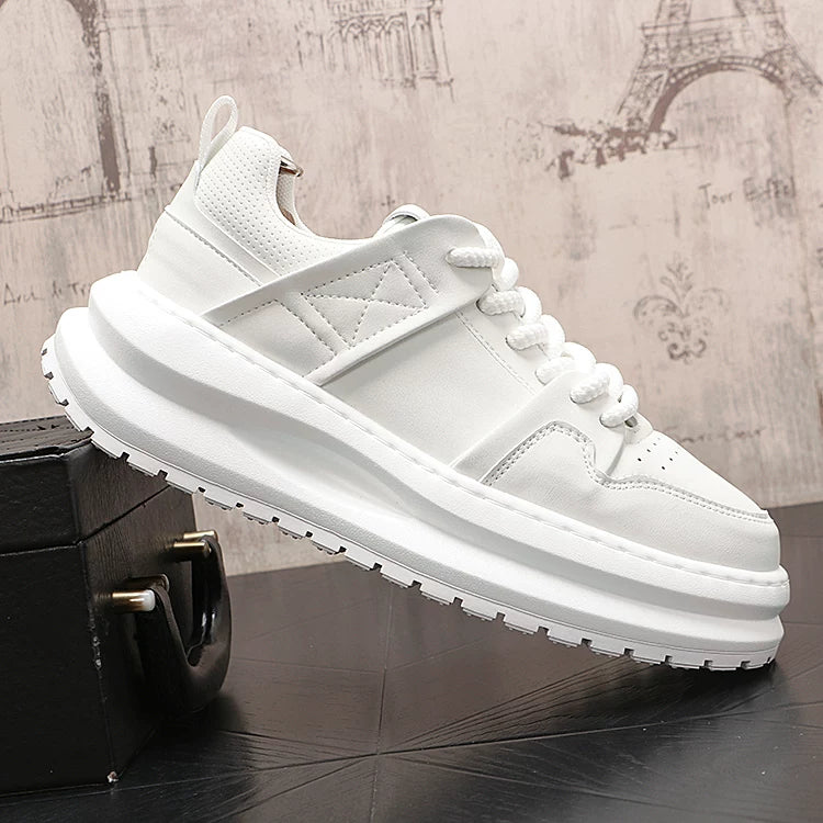 Men's Hidden-Wedge Platform Breathable Lace-Up Low-Top White Sneakers