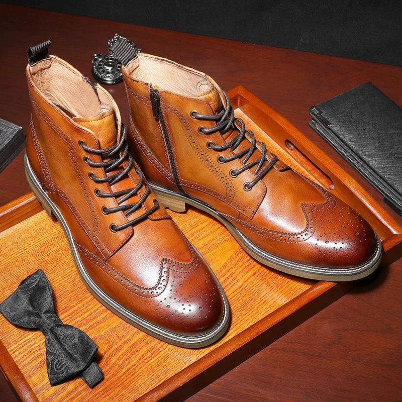 Men's Genuine Leather Martin Boots, British Style, Brogue