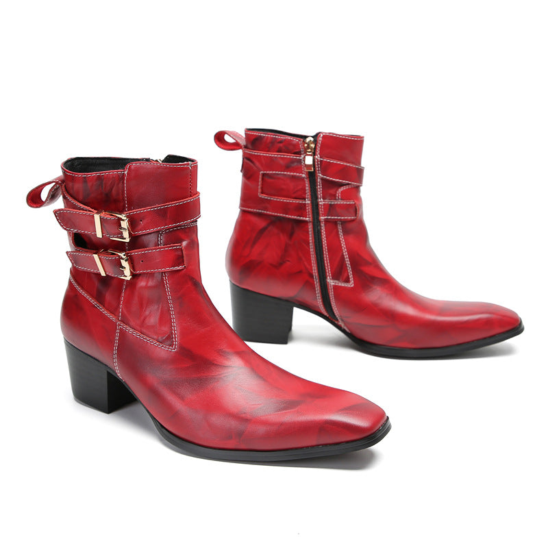 Brand men's leather shoes Martin shoes men's high top British style retro red Korean version foreign trade heightening big scalp shoes