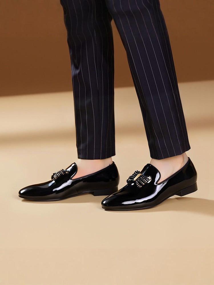 European and American banquet style handmade patent leather loafers with rhinestone bows for men's party formal shoes with genuine leather lining
