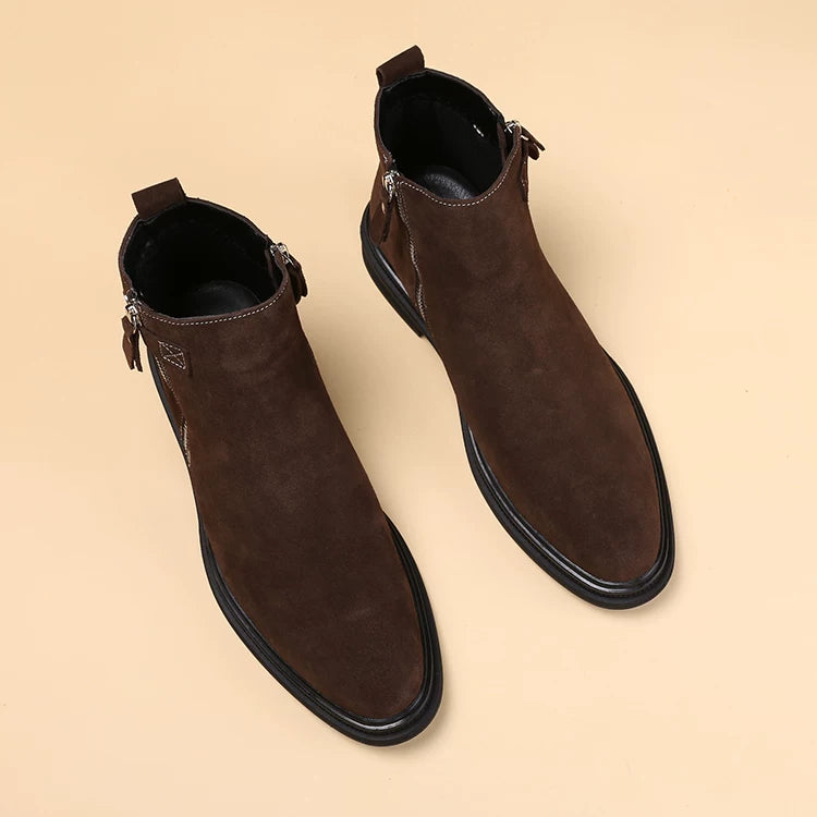 Men's Brown Genuine Leather Martin Boots, Height Increasing, Pointed Toe