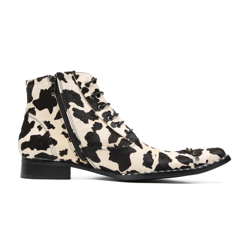 2023 European and American new style pointed toe retro mid-calf snake print boots mid-heel color-blocked western cowboy boots high-heeled embroidered boots for men