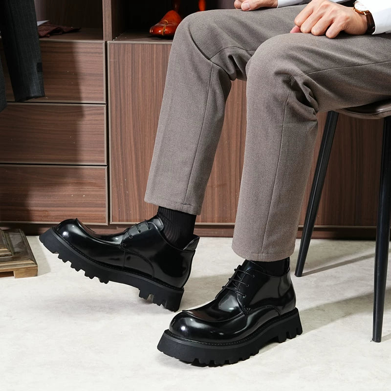 Men's Genuine Leather Martin Boots, Thick Sole, Patent Leather