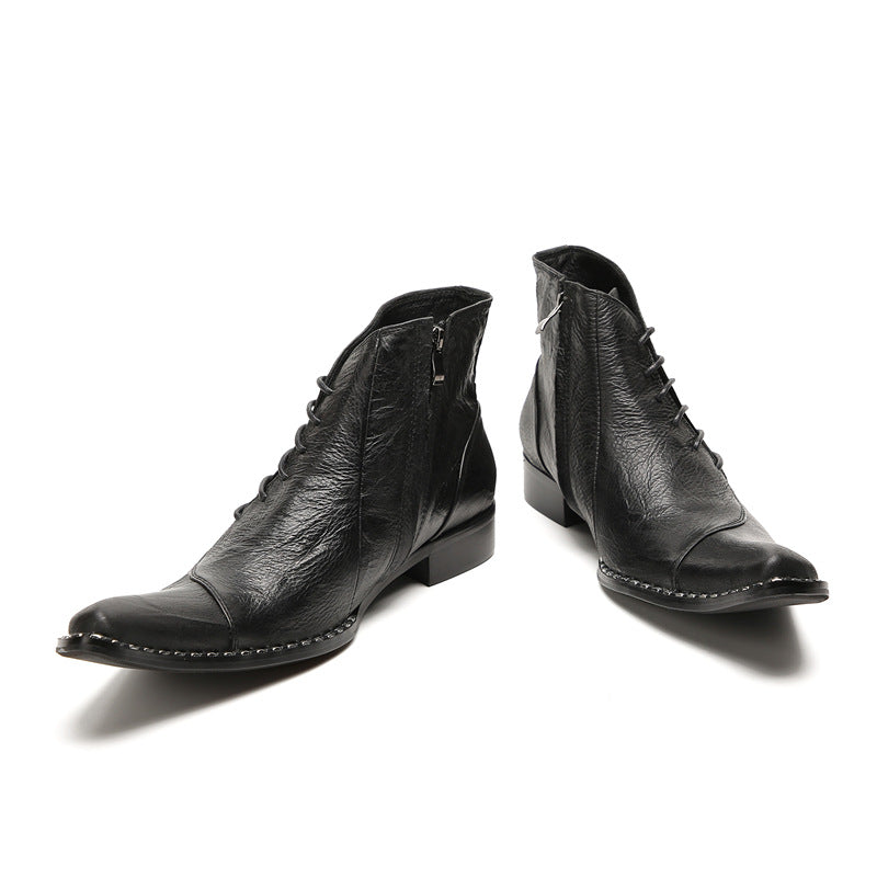 British Korean style men's casual high-top leather shoes brogue business sleeves increased short boots pointed toe Martin boots