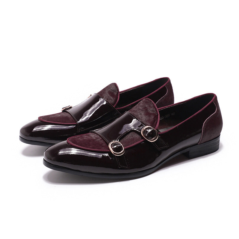 Men's Shoes Men's Loafer Gentleman Banquet Party Wedding Shoes Patent Leather Horse Fur High-End Double Buckle Monk Shoe